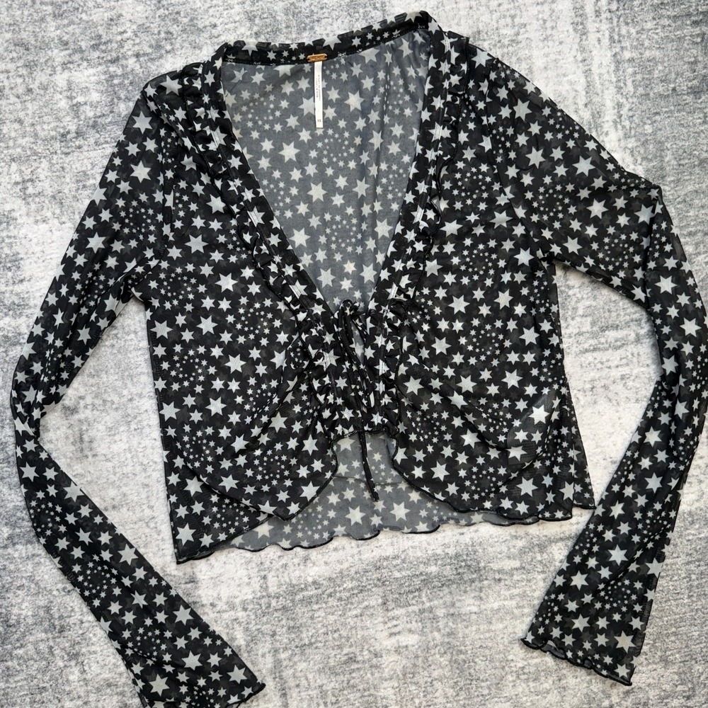 Free People Top Womens XS Black Stars Marne Cropped Sheer Mesh Celestial  Whimsy
